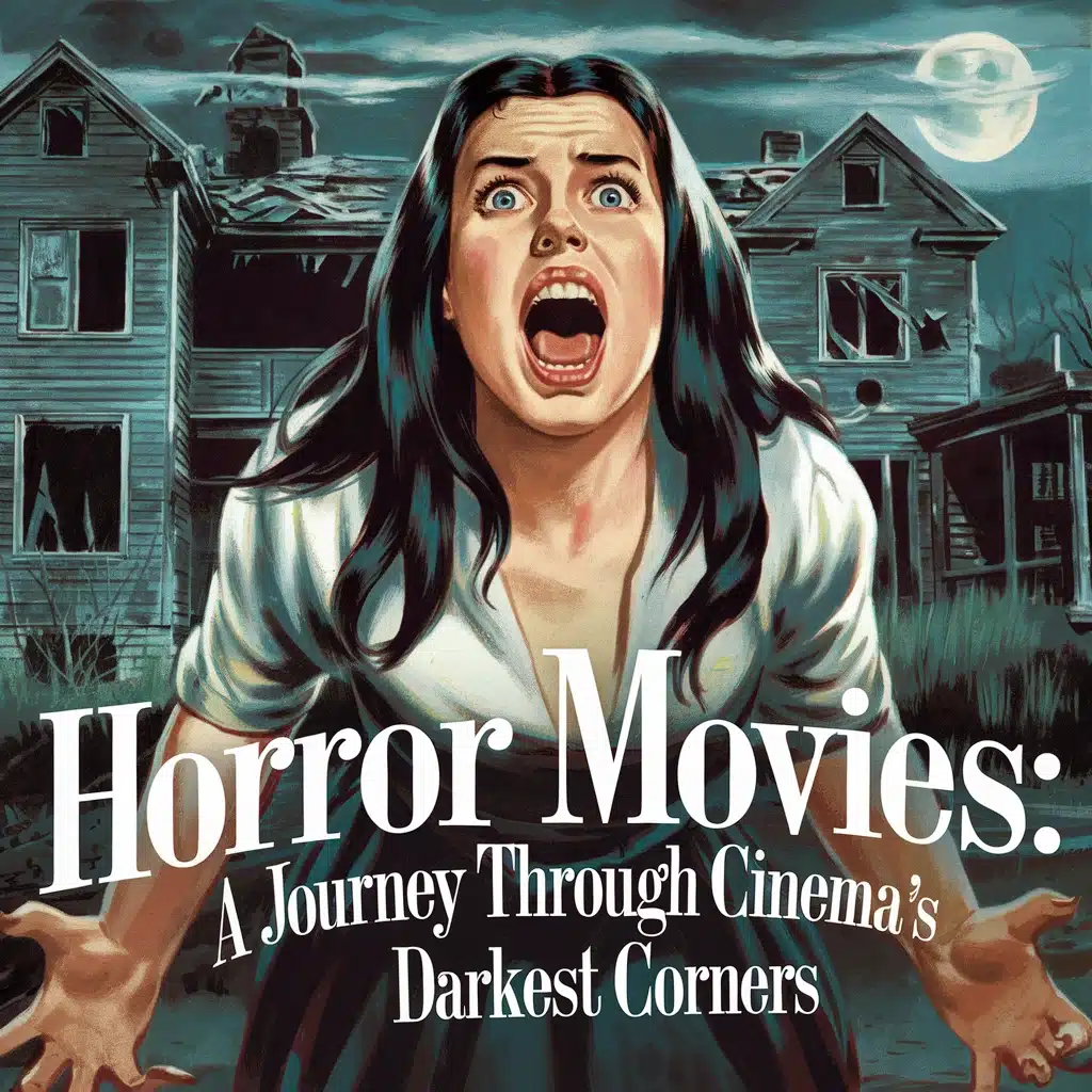 Illustrated woman screaming in front of a haunted house under a full moon. Text reads: "Horror Movies: A Journey Through Cinema's Darkest Corners.