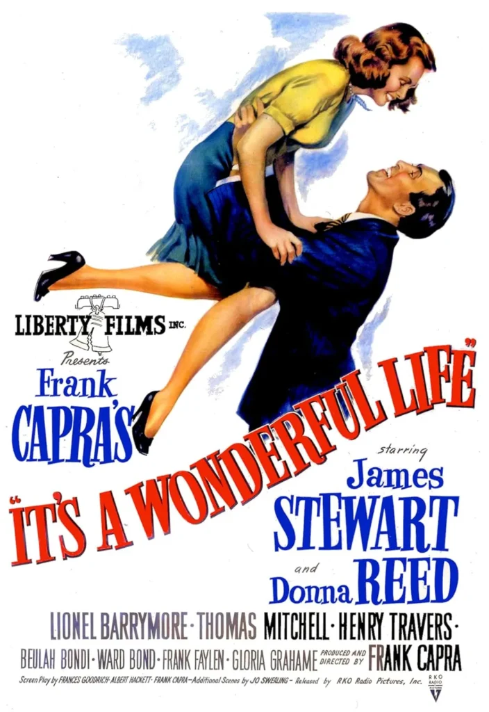 A couple joyfully embraces as the woman is lifted in the air. The movie title reads "It's a Wonderful Life" with cast and crew names below.